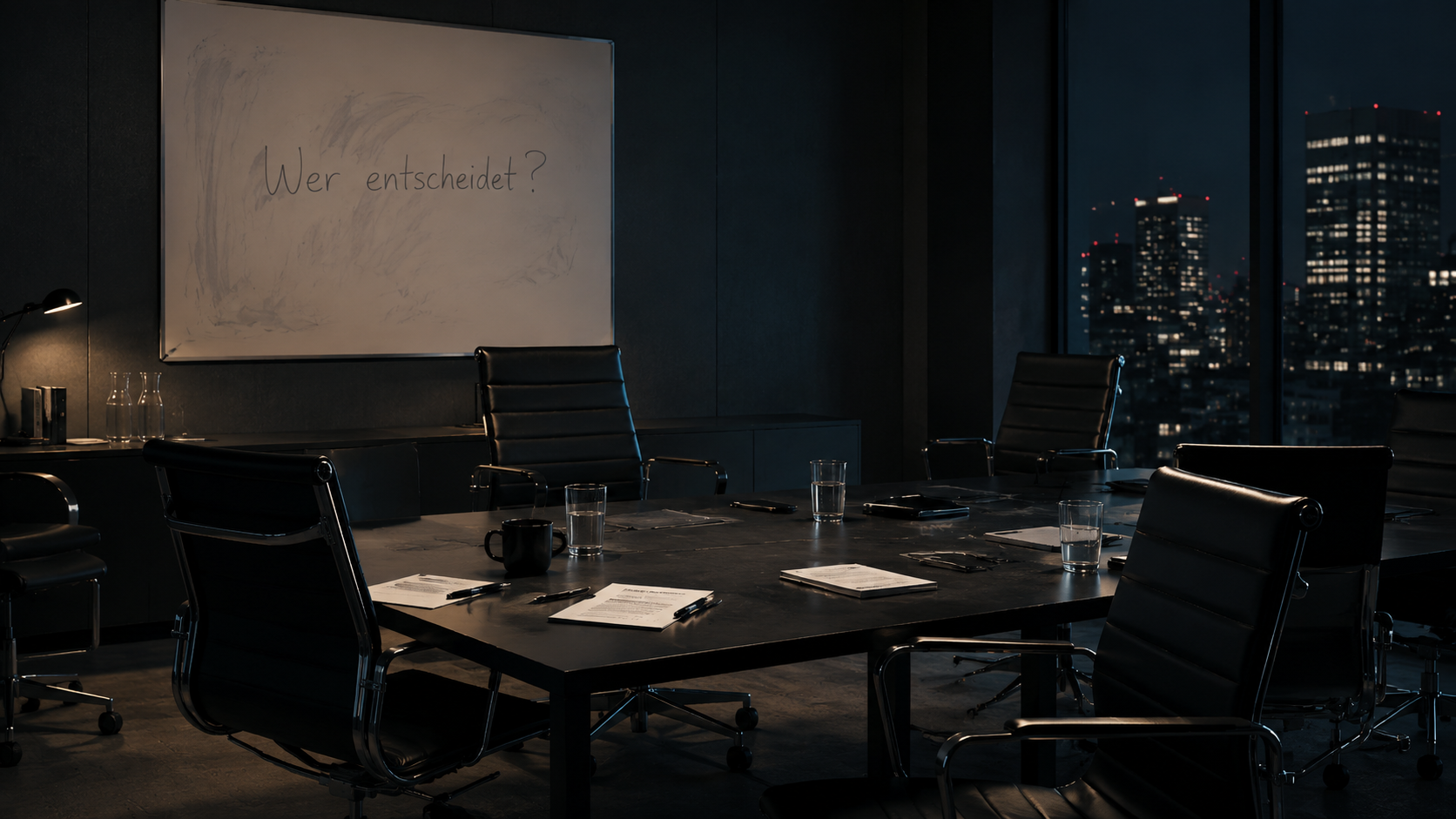 Konferenzraum nach einem Meeting ohne Ergebnis — leere Stühle, halbausradiertes Whiteboard